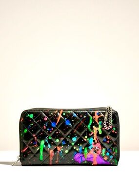 Chanel CC Zip Around Organizer Wallet Black Quilted Leather Neon Paint Rare